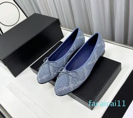 Luxury Designer Women Casual Shoes Fashion Print Denim Ballet Flats Genuine Leather Butterfly Knot Low Heels Loafers Runway Outfit Female Feetwear