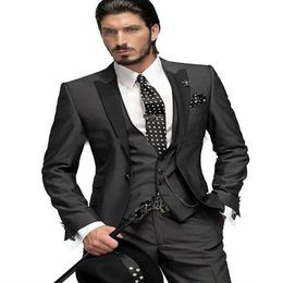 Whole- man Suit Charcoal One Button Groom Tuxedos For Men Suits Groomsman Jacket Pants Vest Wedding Tuxedos Wedding Su237Y