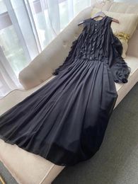 Casual Dresses Women Fashion Black Stand Collar High Waist Ruffle Long Dress Elegant Lady Sleeve Hollow Out Maxi Female Prom Gown