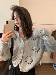 Women's Knits Korobov Mohair Design Cardigan Three-dimensional Flower Embroidery Sweater Women Autumn Solid Colour Loose Knitwear Coat
