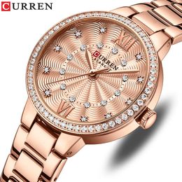 Wristwatches CURREN Quartz Wristwatches for Wommen Luxury Rhinestones Rose Dial Fashion Watches with Stainless Steel Band 231025