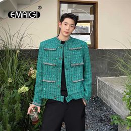 Jackets Men Multi Pocket Cover Tweed Sequin French Fashion Vintage Casual Loose Short Coat Korean Streetwear Overcoat YQ231025