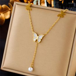 Chains 1 PC 316L Stainless Steel Pearl Pendant Necklace For Women Elegant Simple Butterfly Geometric Non-fading Jewelry Gifts