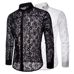 Flower Hollowed Out Sexy Long Sleeved Weddingnightclub Bar Men S Shirt