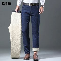 Mens Jeans KUBRO Autumn Winter Classic Regular Fit Fleece Business Fashion Casual Stretch Pants Brand Padded Wool Warm Trousers 231025