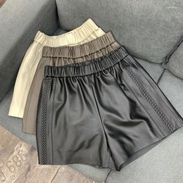 Women's Shorts Vintage Genuine Leather Women Harajuku Simple Casual Pocket Embossing Elastic Waist Wid-Leg Pants Sexy Short