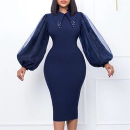 Women s Plus Size T Shirt Dress for Women Elegant Mesh Puff Long Sleeve Midi Autumn Winter Fashion Slim Evening Party Dresses Navy Blue 231025