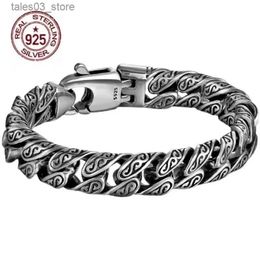 Charm Bracelets % Real Solid S925 Silver Domineering Personality Tang Grass Pattern Bracelet Men's Retro Hip-hop Style Bracelet Birthday Gift Q231025