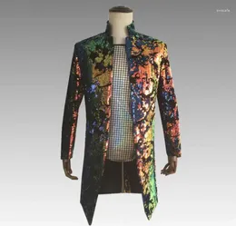 Men's Suits Blazer Men Designs Jacket Mens Long Coats Stage Singers Clothes Dance Star Style Colorful Printed Flip-chip Sequins Dress