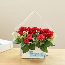 Decorative Flowers 3 Head Rose Artificial Silk Flower Bonsai House Shaped Wooden Pot Home Living Room Wedding Party Decoration