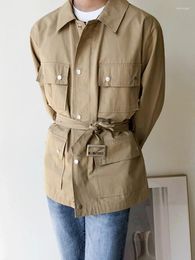 Men's Trench Coats Khaki Men Belted Slim Fit Cargo Coat Single Breasted Office Work Short Fashion Spring Autumn Casual Windbreaker Outwear