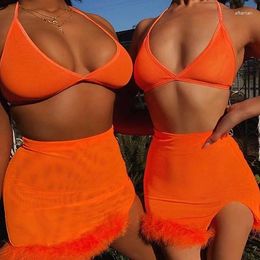 Work Dresses OMSJ Women Orange Sexy Two Piece Set Fluffy Split Crop Top Camis And Skirt Matching Summer Suits Beachwear 2Pcs Ropa Mujer