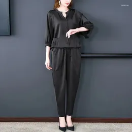 Women's Two Piece Pants Literary Art Style Simple Korean Version High Grade Round Neck Casual Cardigan Slim Top Foreign Harlem Mom's Set