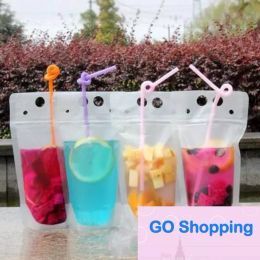 Quality Clear Drink Pouches Bags frosted Zipper Stand-up Plastic Drinking Bag with straw with holder Reclosable Heat-Proof