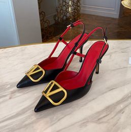 Designer Sandals Women High Heels Shoes Brand Metal V Buckle 4cm 6cm 8cm 10cm Thin Heel Pointed Toe Black Matte Wedding Shoes with Red Dust Bag Size 35-44