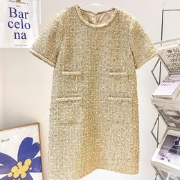 2023 New Autumn Round Neck Tweed Panelled Weave Dress Daily Casual Gold Short Sleeve Pockets Casual Dresses