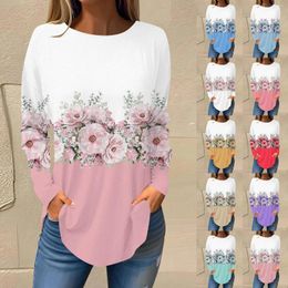 Women's Blouses Juniors Graphic Tops Women Fashion Casual T Shirt Floral Prints Long Sleeve Crew Neck Top Blouse Loose Lady Office Bloouse
