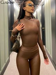 Womens Two Piece Pants Cute Coffee Brown Set Sexy Shaped Stand Collar Long Sleeve Bodysuit Slim Trousers Female Streetwear 231024
