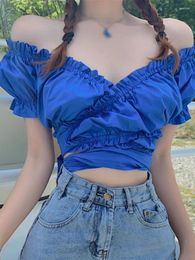 Women's Blouses Elegant Sweet Crop Top Women Summer Short Sleeve Off Shoulder Korean Fashion Sexy Girl Bandage Ruffles Slim Shirts