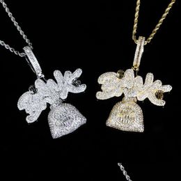 Pendant Necklaces Luxury Designer Iced Out Dollar Money Bag Bank Letter Charm Necklace With Rope Chain Hip Hop Women Men Fl Paved 5A Otwgv