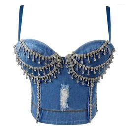 Women's Tanks 2023 Summer Denim Tank Tops Women Party Diamond Beaded Vest Sexy Backless Cropped Top Female Camisole