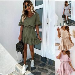 Sexy New Womens Beach Summer plain ruffled dress with short sleeves and Ruffles Dress Street Style Dresses Shirt Skirt Big Size S-297g