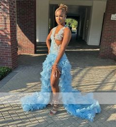 Sexy 2024 Sparkly Sky Blue Diamonds Mermaid Prom Glitter Rhinestones Beads Ruffles Birthday Party Dress Robe De Bal 322