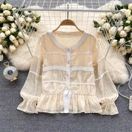 Women's Blouses Vintage Court Style Women Blouse Fashion O-neck Chiffon Long Puff Sleeve Shirts French Chic Summer Casual Tops Dop