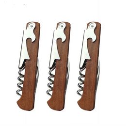 Stainless Steel Hand-Held Deluxe Bottle Opener Wood Handle Wine Opener Corkscrew Double Hinged Waiters Wine Bottle Opener Wooden Kitchen Tool C367