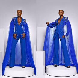 Royal Blue Women Pants Suits Fashion Show Beading Appliques Wedding Guest Wear Slim Fit Evening Blazers 2 Pieces With Wraps