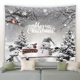 Tapestries Snowman Christmas Tapestry Winter Pine Tree Snowflake Birds Forest Park Landscape Xmas Wall Hanging Home Living Room Decor Mural 231024