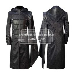 Cosplay Christmas Costume Women Designer Cosplay Costume Men's Steam Uniform Stand Collar Black Leather Punk Gothic Cape Coat