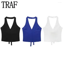 Women's Tanks Black White Halter Top Female Tied Backless Crop Women Blue Sleeveless Sexy Tops Woman Fashion Off Shoulder Summer