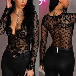 Women Sexy Long Sleeve Sleepwear Lingerie Lace Mesh See-through Deep V-Neck Nightwear Bodysuits Erotic Costume Bras Sets155K