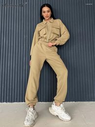 Women's Two Piece Pants Khaki Terry Knitwear Sweatpants Suits 2 Pieces Casual Sets Women Zipper Shirts And High Waist Sporty