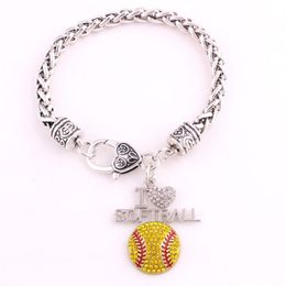 Fans Favourite Sports Jewellery Drop 1 2 1 3 Inches Crystal I Love Softball 2D Pendant Wheat Chain Lobster Claw 245g