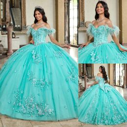 Stunning Ball Gown Beaded Quinceanera Dresses Lace Prom Gowns Appliqued Feathers Off The Shoulder Neckline Tulle Sweet 15 Masquerade Dress