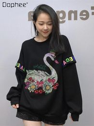 Women's Hoodies Fall Clothing Memory Cotton Cartoon Rhinestone Letter Embroidery Stitching Long Sleeve Pullover Sweatshirts