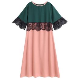 Siskakia Plus Size Midi Dress Fashion Mesh Lace Hit Color Patchwork Women's Elegant Dresses Pink 3 4 Sleeve Spring Summer 202281k