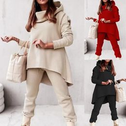 Women's Two Piece Pants Autumn Winter Women Sets Hooded Loose Full Sleeve Tops Solid Straight Long Set Elastic Waist Splice 2023