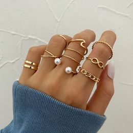 Hiphop Gold Color Pearl Rings Set For Women Girls Punk Geometric Simple Finger Rings Trend Jewelry Party Gifts Wholesale YMR046