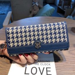 Wallets 2023 Houndstooth Embroidery Long Wallet Women Genuine Leather Purses Original Brand Cowhide Billfold High Capacity Clutches
