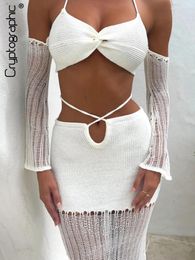 Work Dresses Fashion Sexy Halter Knitted Top And Skirt Outfits For Women Summer Beachwear Tie Up Matching Sets Elegant Clothes