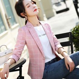 Women's Suits Checked Small Suit Ladies Spring Autumn Pink Plaid Short Blazer Casual One Button Jacket