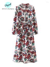 Casual Dresses Elegant Floral Printed Lantern Long Sleeve Maxi Dress Women 2023 Spring Lace Up Half Collar Lady Outwear Vestidos