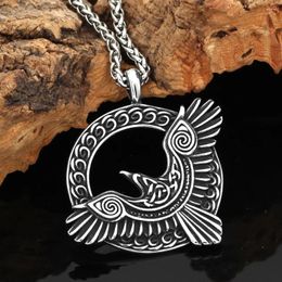 Pendant Necklaces Norse Viking Triple Horn Of Odin Raven Huginn And Muninn Amulet Stainless Steel Rune Necklace With Gift Bag