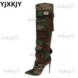 Boots YJXKJY 2023 New Female Camouflage Bag Knee Length Boots Canvas Stiletto High Heel Buckle Pointed Toe Womens Big Size 43 Shoes T231025