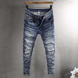 Men's Jeans Streetwear Fashion Men Retro Washed Blue Elastic Slim Fit Ripped Painted Designer Hip Hop Denim Pants Hombre