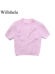 Women's Sweaters Women Fashion Embroidery Pink Knitted Cropped Sweater Vintage O-Neck Short Sleeves Female Chic Lady Tops