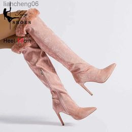 Boots Winter Suede Knee High Boots Soft Leather High Heels Zipper Fur Collar Warm Thighs Boots Outdoor Pointed Zip Women's Long BootsL231025